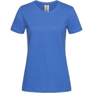 A women's classic organic crew neck t-shirt in blue, featuring a fitted design and short sleeves.
