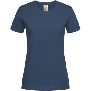 A women's organic crew neck T-shirt in a deep navy colour, featuring short sleeves and a simple design.