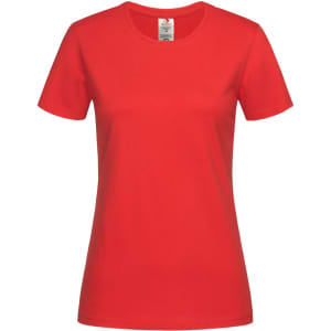 A red women's classic organic crew neck t-shirt displayed on a white background, featuring a label inside.