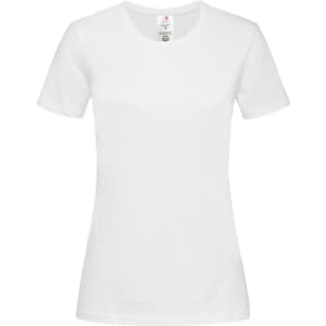 A white women's classic organic crew neck t-shirt with short sleeves and a small logo tag.
