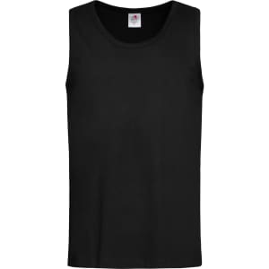 A black men's classic tank top with a round neckline and a logo label on the interior.