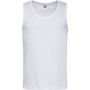A white classic men's tank top featuring a simple design and a logo at the neckline.