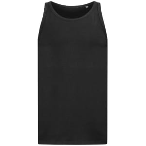 A black men's tank top featuring a sleek design and a small logo at the neckline.
