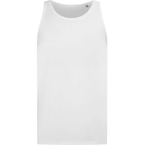 A plain white men's tank top with a round neckline and a small logo at the neck.