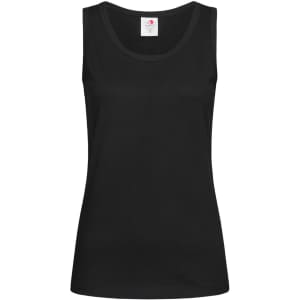 A black women's classic tank top with a sleeveless design and a logo at the neckline.
