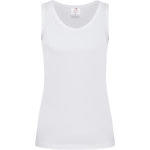 A white women's classic tank top with a scoop neckline and narrow shoulder straps, featuring a logo.