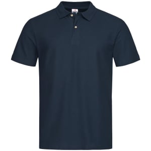 A navy blue men's heavyweight polo shirt with a collar and three buttons, featuring a branding logo.