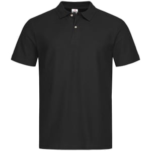 A black heavyweight polo shirt with a classic collar and three buttons, featuring a logo on the chest.