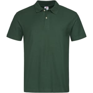 A green men's heavyweight polo shirt featuring a classic design and a branded tag.