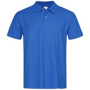 A solid blue men's heavyweight polo shirt with a classic collar and a logo on the chest.