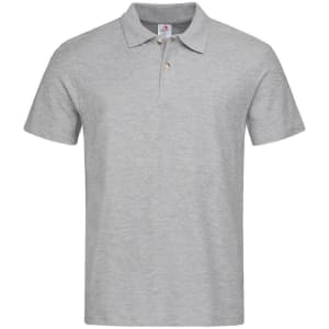 A grey heavyweight polo shirt with a collar and a branding logo on the chest.