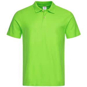 A bright green heavyweight polo shirt with a classic collar and three buttons, featuring a logo.