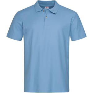 A light blue heavyweight polo shirt with a collar and three buttons, featuring a logo.