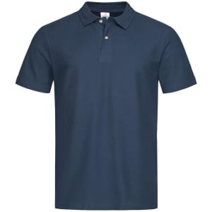 A men's heavyweight polo shirt in navy blue with a classic collar and three-button placket, featuring a logo.