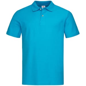 A turquoise men's heavyweight polo shirt featuring a collar and short sleeves, with a logo on the chest.