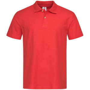 A red heavyweight polo shirt with a three-button placket and a collar, featuring a small logo.