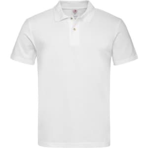 A white heavyweight polo shirt with short sleeves and a collar, featuring a logo.