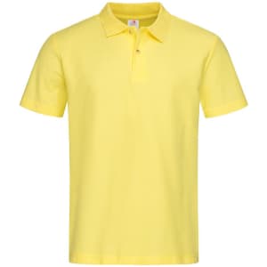 A yellow men's heavyweight polo shirt with a collar, featuring a logo on the chest area.