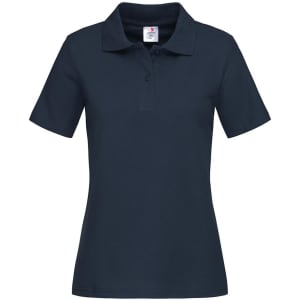 A navy women's heavyweight polo shirt with a collar and short sleeves, featuring a logo.