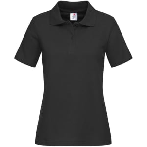 A women's heavyweight polo in black with a collar and short sleeves. It features a logo on the chest area.