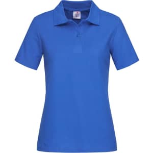 A blue women's heavyweight polo shirt with a classic collar and short sleeves, featuring a logo.