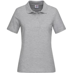 A women's heavyweight polo in light grey with a classic collar and short sleeves. It features a logo on the chest.
