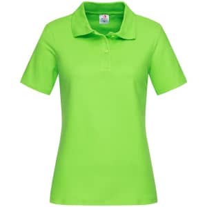 A bright green women's heavyweight polo shirt featuring a classic collar and short sleeves, with a logo on the label.