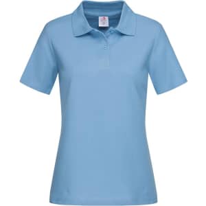 A light blue women's heavyweight polo shirt featuring a classic collar and short sleeves. It includes a logo.