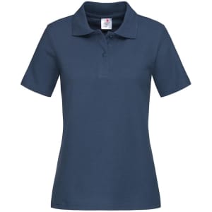 A navy women's heavyweight polo shirt with short sleeves and a collar, featuring a logo on the front.