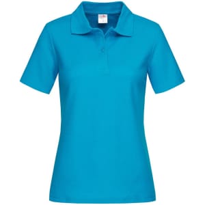A women's heavyweight polo shirt in a vibrant turquoise colour, featuring a collar and short sleeves, with a logo.