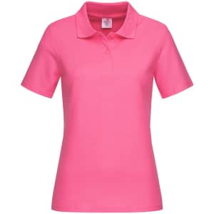 A women's heavyweight polo shirt in bright pink with short sleeves and a classic collar. It features a logo.