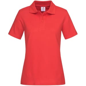 A red women's heavyweight polo shirt with a collar and short sleeves, featuring a logo.
