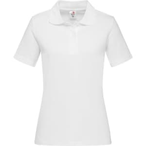 A white women's heavyweight polo shirt with a classic collar. It has short sleeves and features a logo.