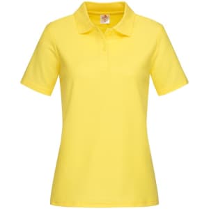 A yellow women's heavyweight polo shirt with a collar and short sleeves, featuring a logo.