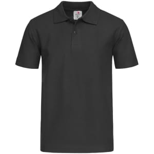 A black Junior Heavyweight Polo shirt with a classic collar and short sleeves, featuring a logo.