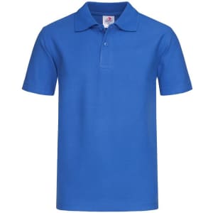 A blue Junior Heavyweight Polo shirt with a classic collar and short sleeves. It features a logo on the chest.
