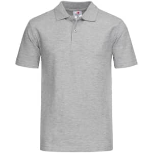 A grey Junior Heavyweight Polo shirt with a classic collar and a logo on the chest. Short sleeves featured.
