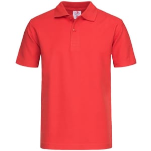 A red polo shirt with a classic collar and short sleeves, featuring a small logo.