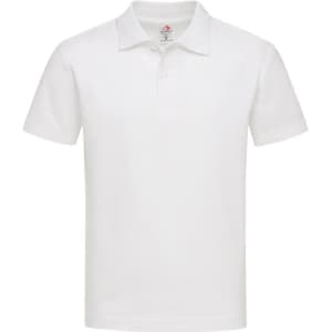 A white Junior Heavyweight Polo shirt with short sleeves and a collar, featuring a logo on the chest.