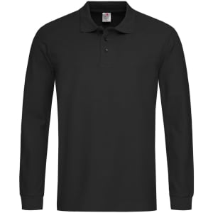 A black long sleeve polo shirt with a collar and a logo. Suitable for casual or smart-casual wear.