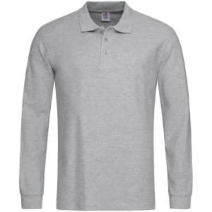A grey long sleeve polo shirt with a collar and a logo. Suitable for casual or smart-casual wear.