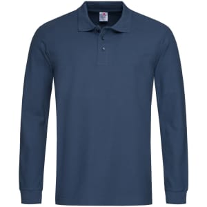 A long sleeve men's polo shirt in navy blue, featuring a collar and three buttons. Includes a logo on the chest.