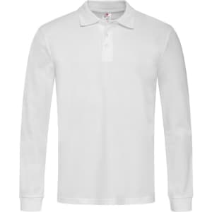 A white long sleeve polo shirt featuring a collar and button placket, with a logo on the chest.