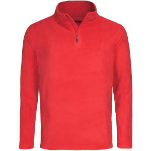 A red fleece half-zip jumper for men, featuring a high collar and long sleeves. It has a logo on it.
