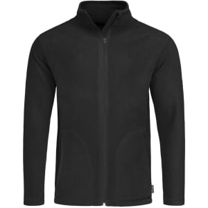 A men's active fleece jacket in black, featuring a full zip, high collar, and side pockets. It has a logo on the hem.