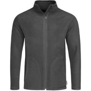Men's active fleece jacket in dark grey, featuring a zip front and pockets, with a brand logo on the hem.