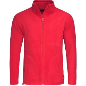 A red men's active fleece jacket with a zip front and two side pockets, featuring a logo on the hem.