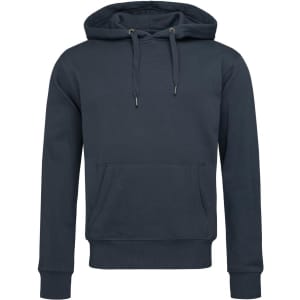 A dark green men's active sweat hoody featuring a front pocket and a large hood, with a logo present.