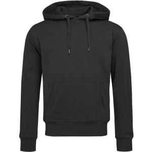 A black men's active sweat hoody featuring a front pocket and adjustable drawstring hood. Includes a logo.