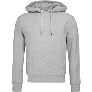 A grey men's active sweat hoody featuring a front pocket and a drawstring hood. It includes a logo on the design.